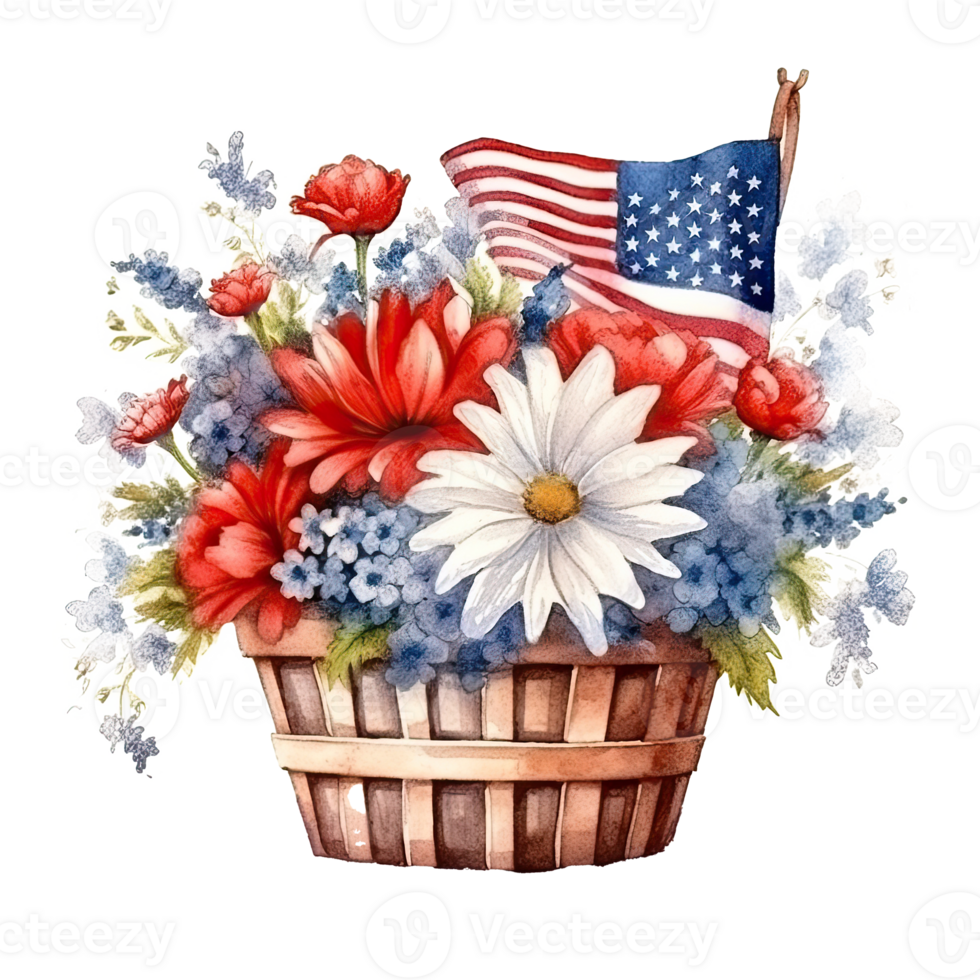 USA flag and flowers in basket. watercolor. Illustration png
