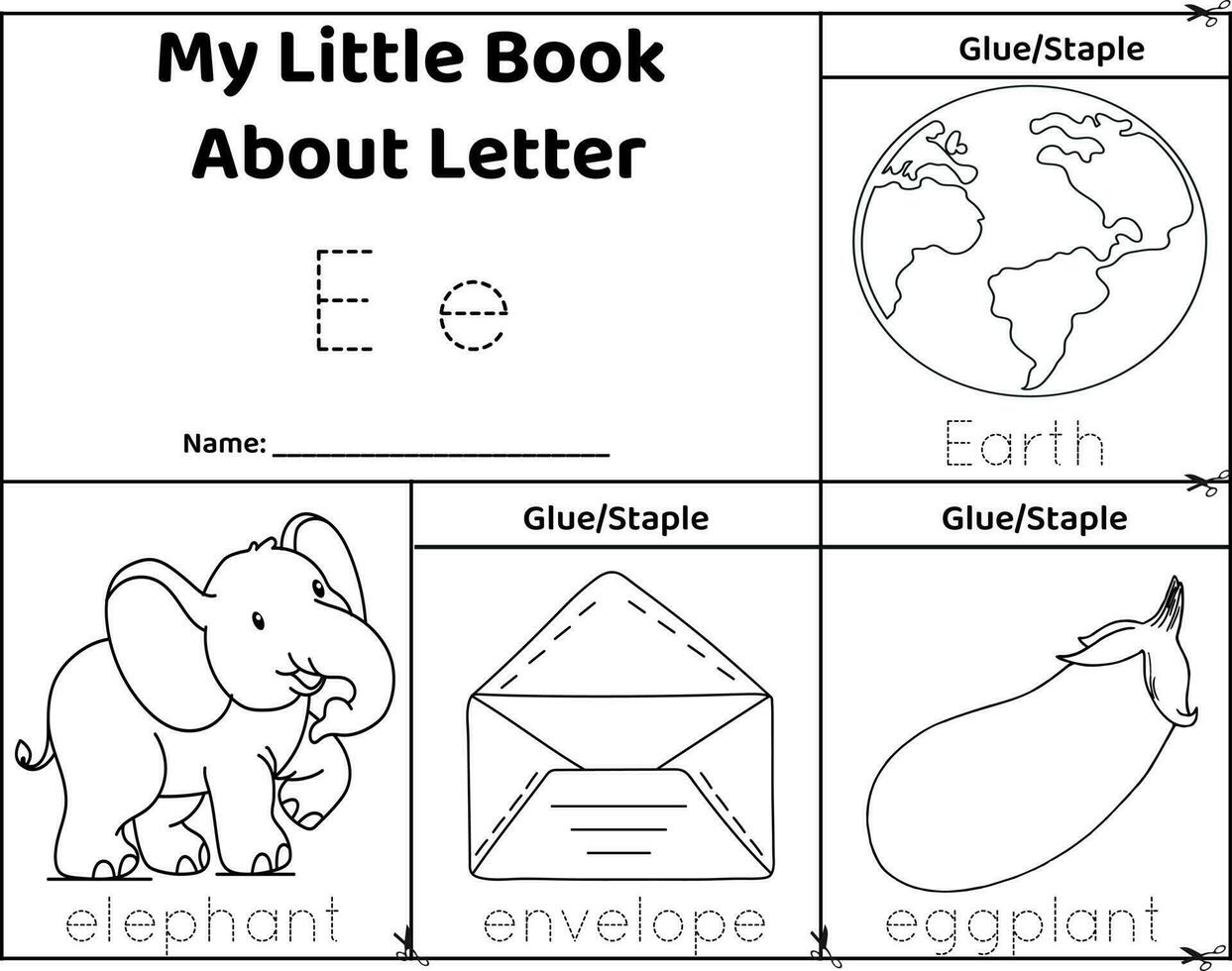 Logical printable worksheet alphabet beginning sounds flip book in black and white.Letter E. Trace words for pictures. earth, elephant, envelope, eggplant vector