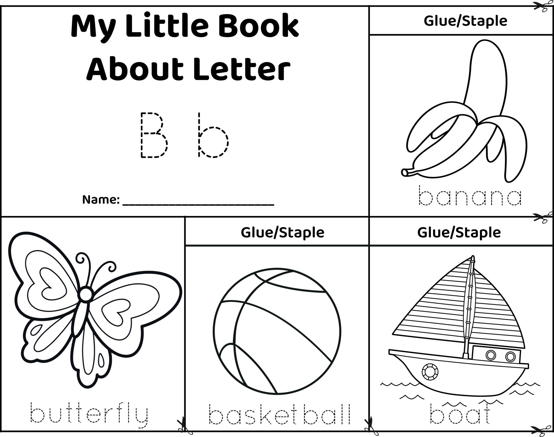 Logical printable worksheet alphabet beginning sounds flip book in black  and white.Letter B. Trace words for pictures. butterfly, ball, banana, boat  25338581 Vector Art at Vecteezy