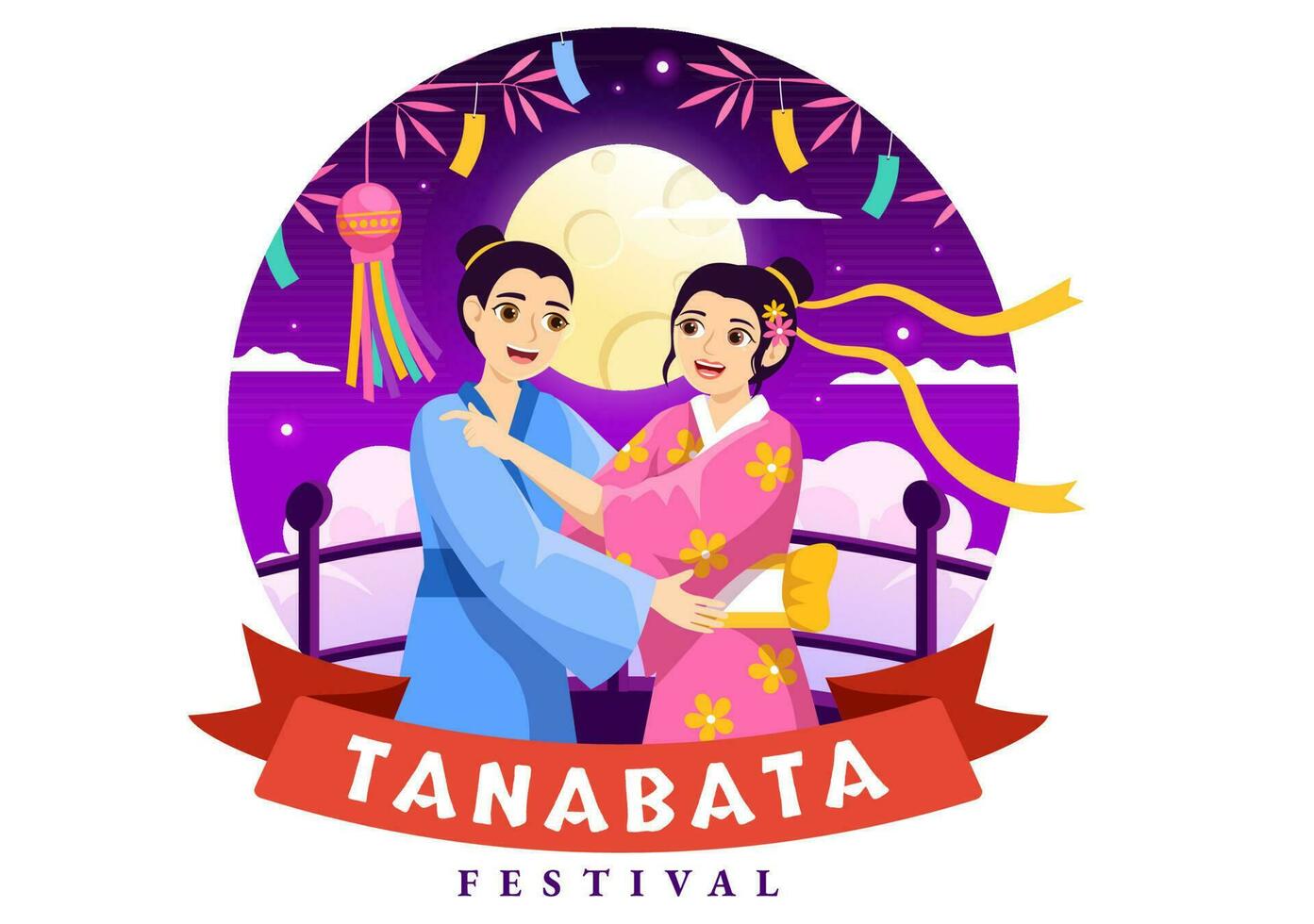 tanabata festival vector ilustración con personas vistiendo kimono y peonías flores en nacional fiesta plano dibujos animados mano dibujado plantillas