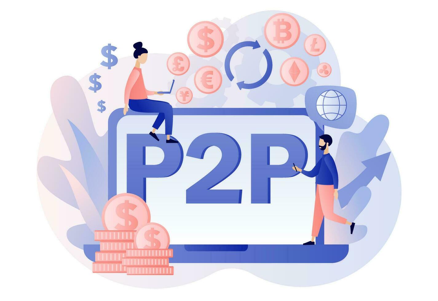 Peer-to-peer trading. P2P lending. Investment in loan. Deposit agreement. Tiny people invest e-money. Cryptocurrency. Modern flat cartoon style. Vector illustration on white background
