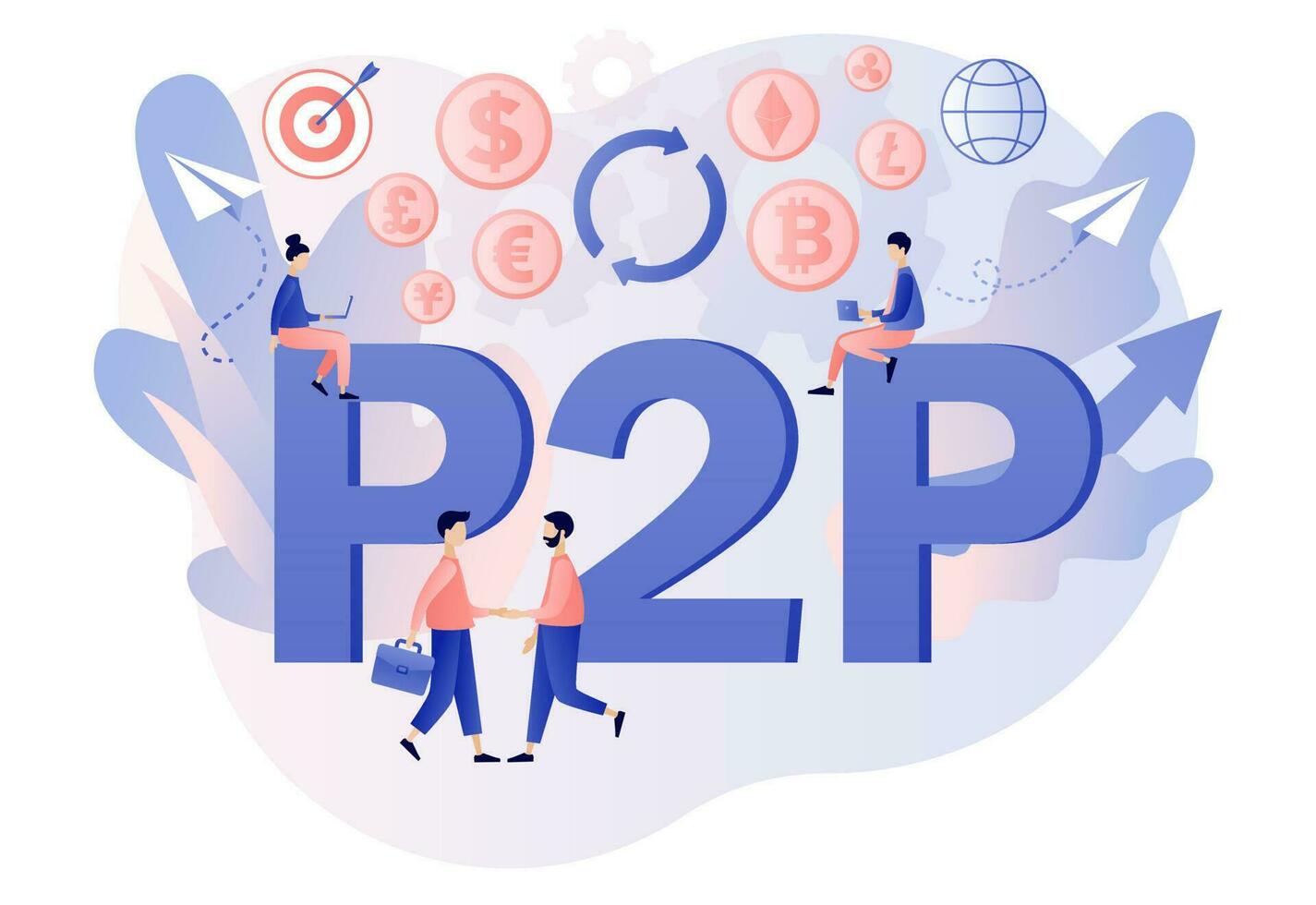 Peer-to-peer trading. P2P lending. Investment in loan. Deposit agreement. Tiny people invest e-money. Cryptocurrency. Modern flat cartoon style. Vector illustration on white background