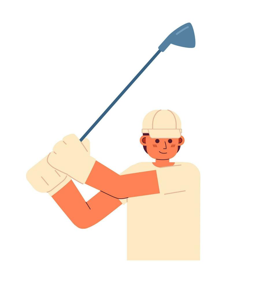 joven adulto hombre golfista balanceo con palo semi plano vistoso vector personaje. golf curso. contento golfista editable medio cuerpo persona en blanco. sencillo dibujos animados Mancha ilustración para web gráfico diseño