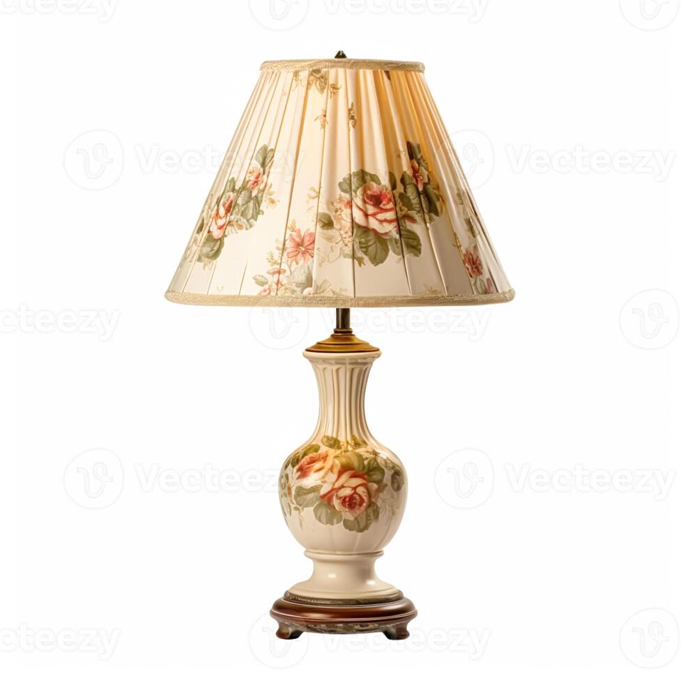 Vintage country style antique table lamp with a beautiful lampshade design isolated on white background, interior design and cottage home decor, post-processed, photo