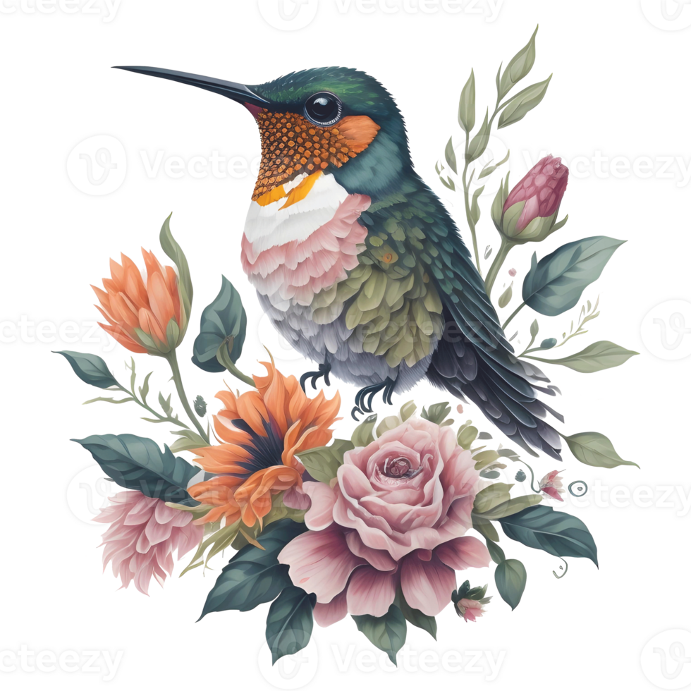 Watercolor Hummingbird Clipart, Watercolor Bird Hummingbird Floral Hand Drawn Illustration, Wildlife Colorful Transparent Art png