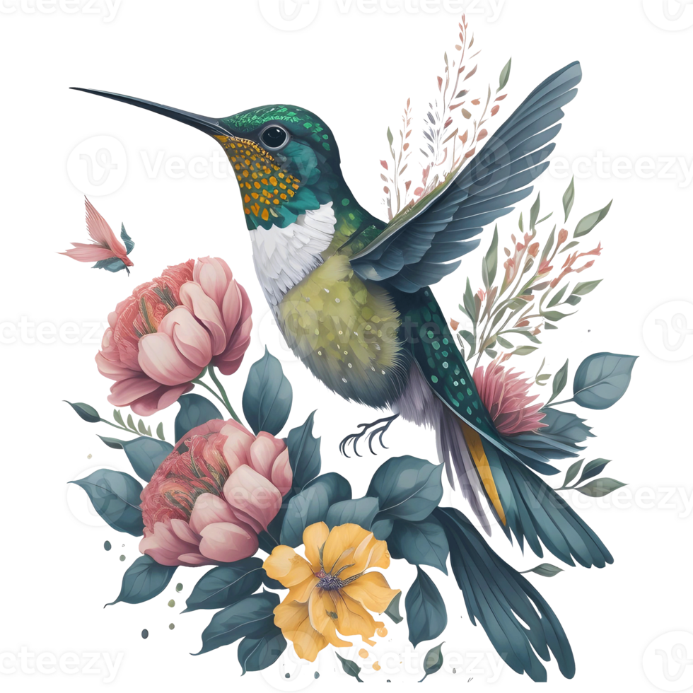 waterverf kolibrie clip art, waterverf vogel kolibrie bloemen hand- getrokken illustratie, dieren in het wild kleurrijk transparant kunst ai generatief png