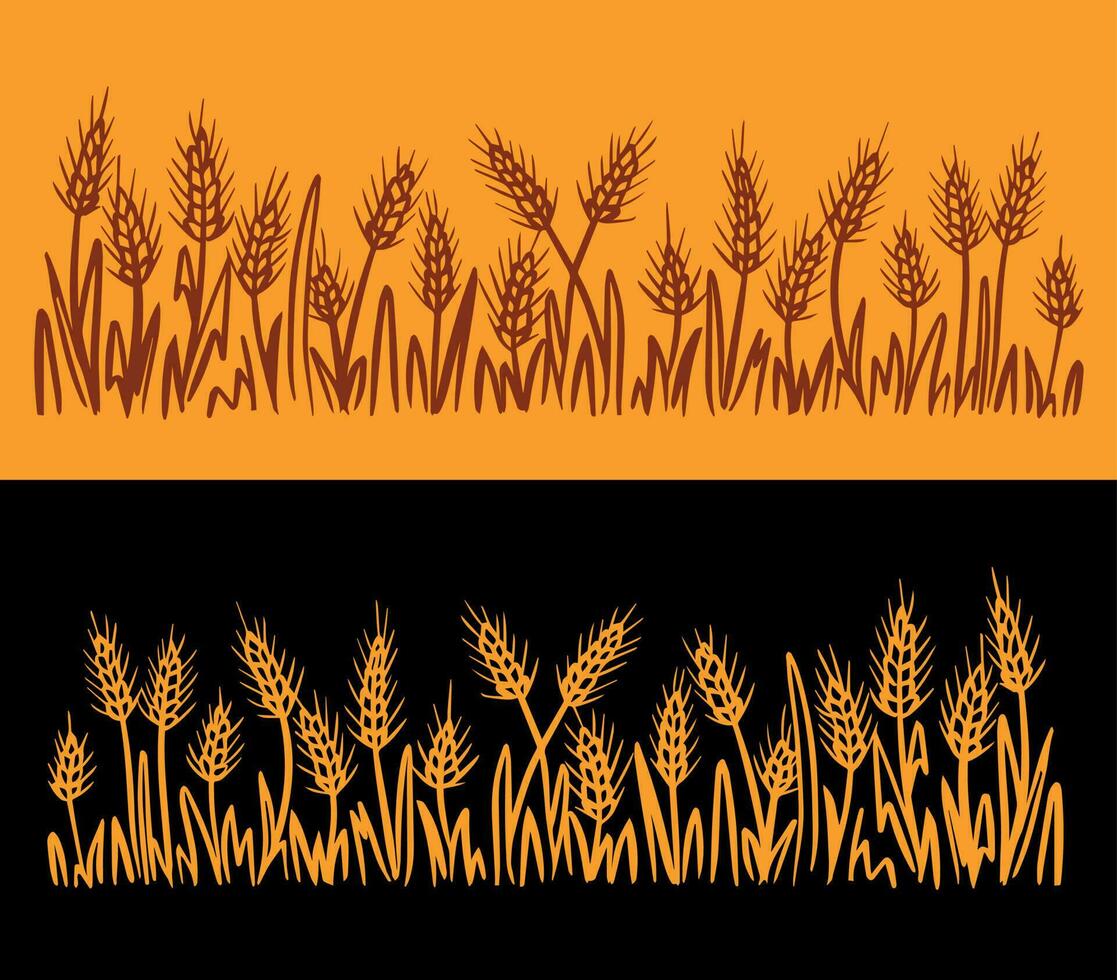Wild ears of wheat andherb, grass.Cereal corn hand made.Vector illustration.Brown and yellow lines on yellow and black background.Isolated hand drawn pictures.Rye drawn in one line for the frame vector