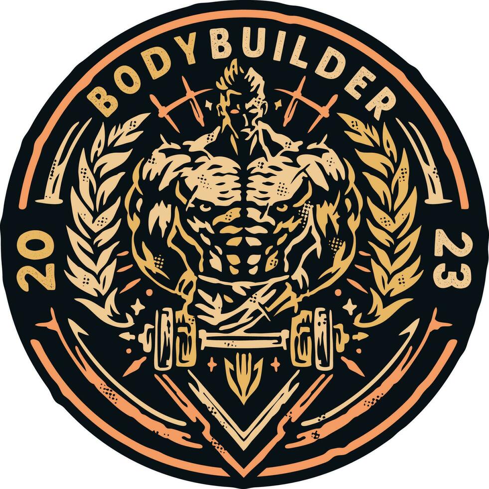 A logo for a bodybuilder with a gold circle and a man with a barbell vector