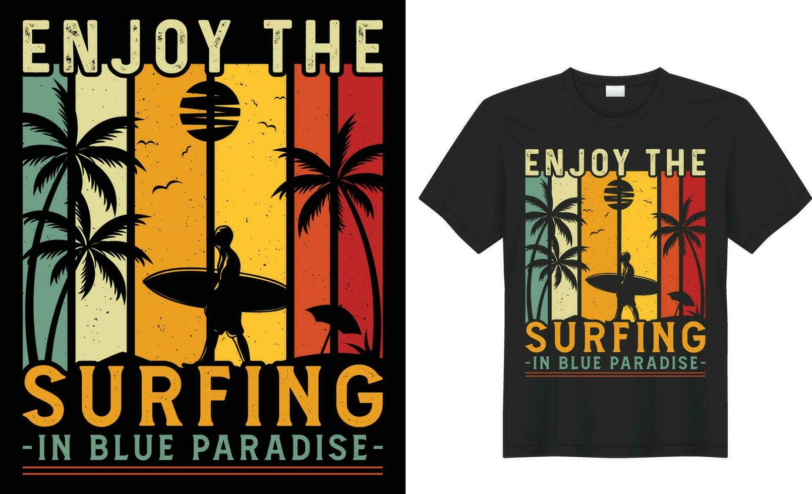 Summer T-shirt Design. Summer paradise,Surf Paradise,Break The Waves,Sea Beach,California Beach, Santa Monica Beach with palm trees silhouettes, typography, print, vector illustration.Global swatches.