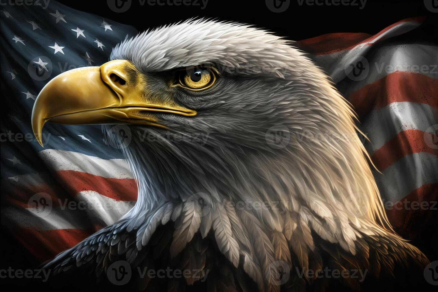 Proud serious eagle against the background of American flag, the star-striped symbol of United States. Independence day or memorial day concept. Illustration created by photo