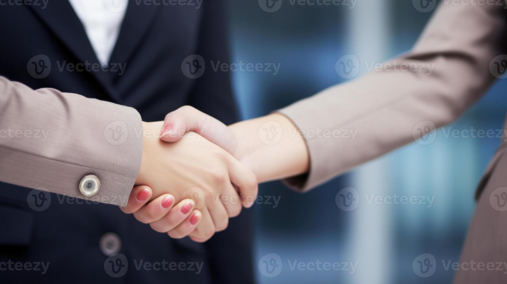 Business handshake between two women. Close up. Inside a modern bright office. . photo