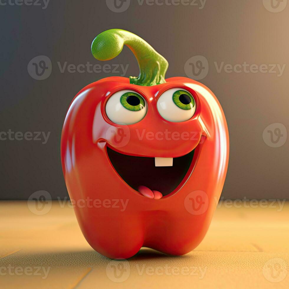 pixar estilo alegre rojo Pimiento 3d personaje en brillante marrón antecedentes. generativo ai. foto