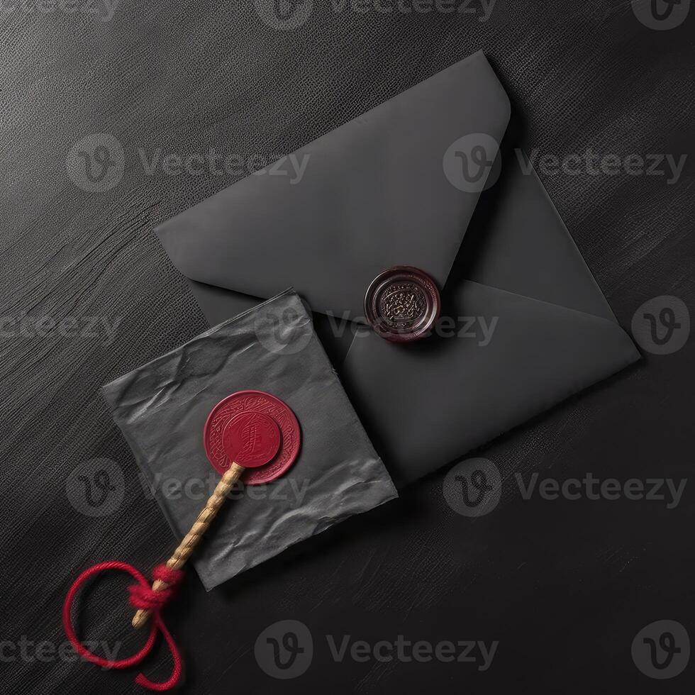 Overhead View of Black Old Letter Envelopes with Wax Seal and Stamp Flat Lay. . photo