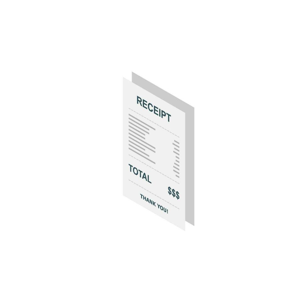 Receipt paper, bill check, invoice, cash receipt. Shadow design. Left view isometric icon. shop receipt or bill, atm check with tax or vat. vector