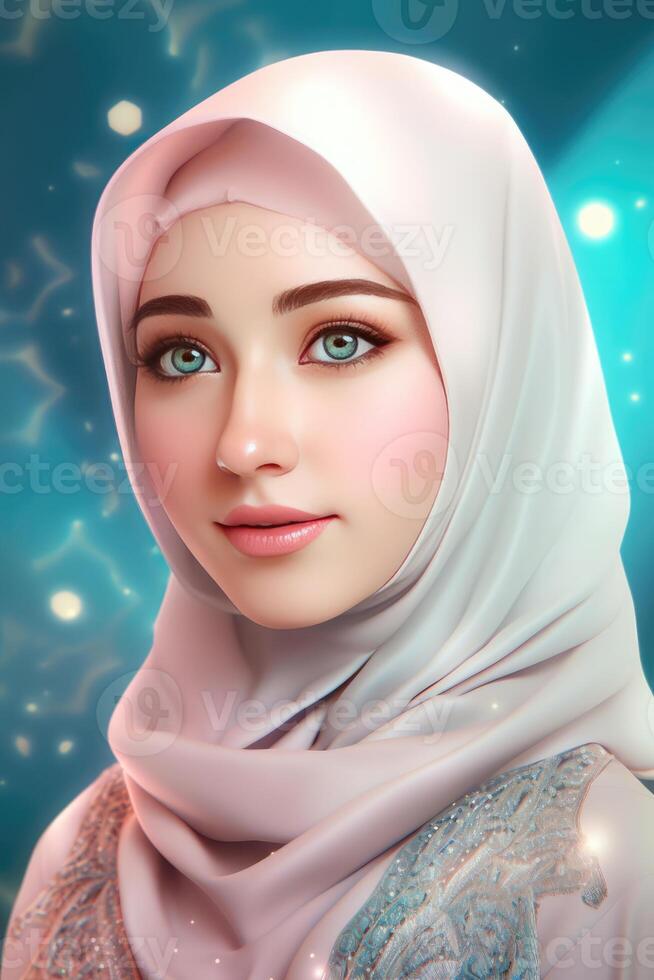 Attractive Beautiful Muslim Young Girl Character Wearing Hijab Headscarves, . photo