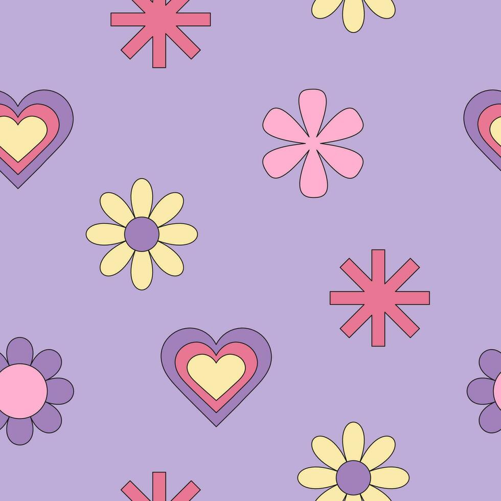 Purple seamless pattern in 1990s ,2000s style. Bright vector wallpaper with positive retro flowers and hearts