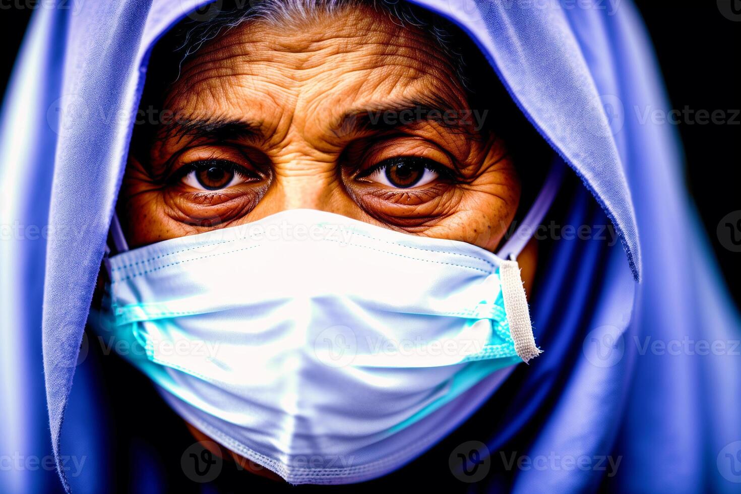 un antiguo musulmán mujer vistiendo protector mascarilla. codicioso 19 enmascarado con confianza. generativo ai foto