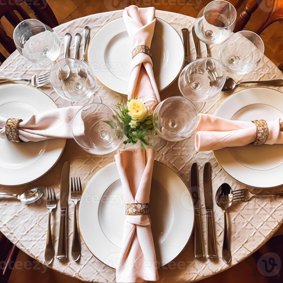 elegante cena mesa ajuste arreglo en Inglés país estilo como flatlay paisaje de mesa, doblada servilleta en un servicio lámina, vajilla y fiesta mesa decoración, generativo ai foto