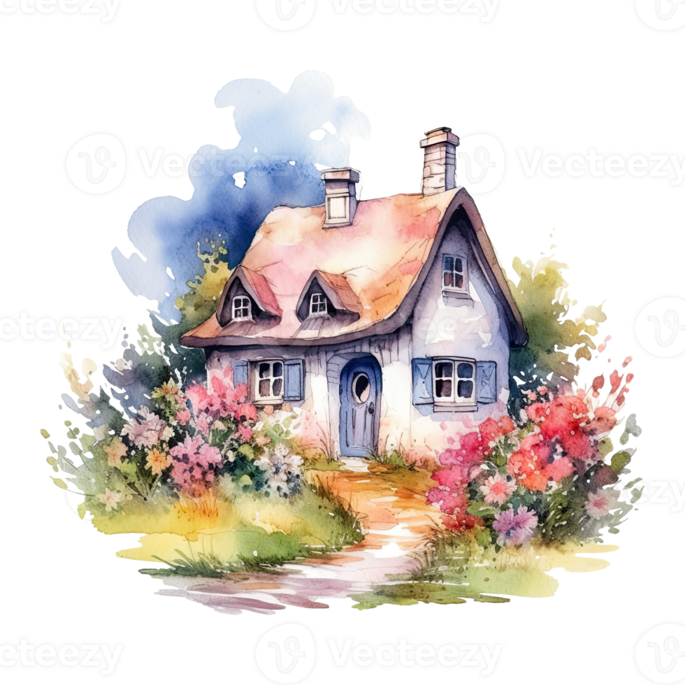 Watercolor cozy cottage surrounded by flowers garden, isolated. png