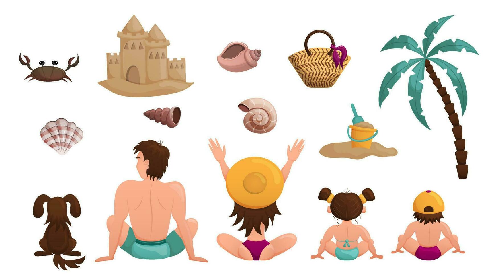 conjunto de ilustraciones en el tema de verano, playa y vacaciones. familia vacaciones en el costa. vector ilustración. dibujos animados.