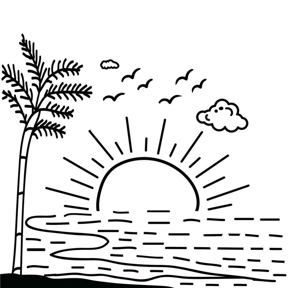 Summer sunset tropical beach line art vector illustration, hand drawn sunset and sunrise outline landscape tropical beach, palm tree with sunset waves Nature view, Kids drawing Beach coloring pages