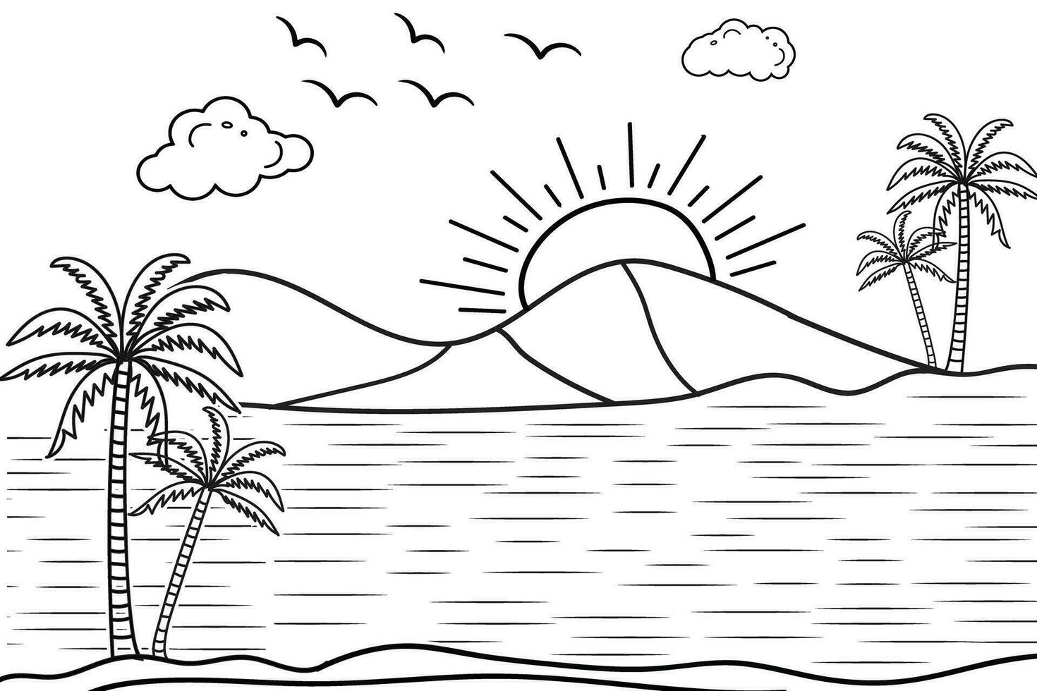 Summer sunset tropical beach line art vector illustration, hand drawn sunset and sunrise outline landscape tropical beach, palm tree with sunset waves Nature view, Kids drawing Beach coloring pages