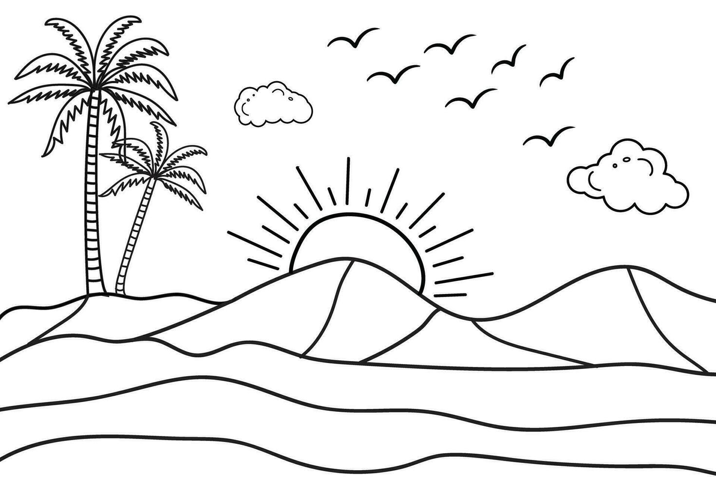 verano puesta de sol tropical playa línea Arte vector ilustración, mano dibujado puesta de sol y amanecer contorno paisaje tropical playa, palma árbol con puesta de sol olas naturaleza vista, niños dibujo playa colorante paginas