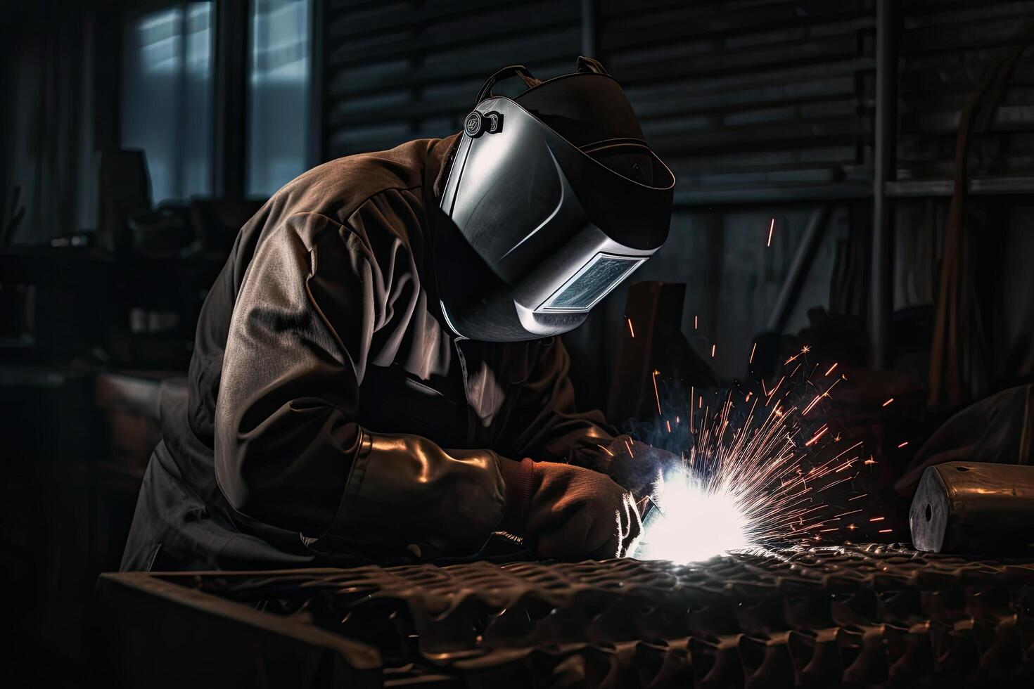 soldador trabajando en el fábrica. trabajador vistiendo protector ropa y soldadura mascarilla. un industrial soldador vistiendo lleno proteccion y valiéndose, ai generado foto