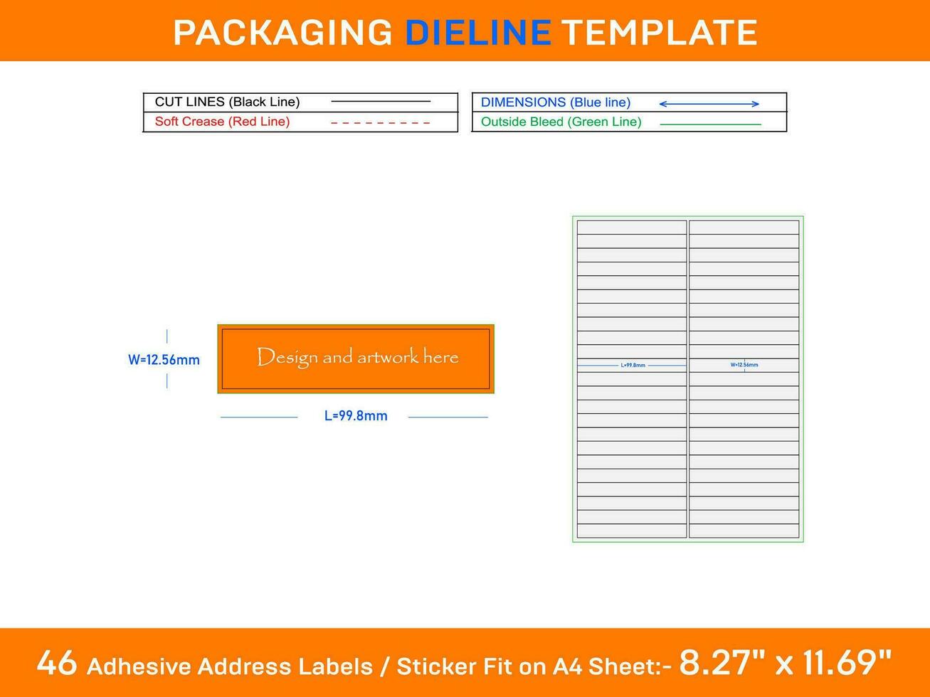 46 Adhesive Addres46 Adhesive Address Labels Dieline Template 99.8 x 12.56mms Labels Dieline Template 99.8 x 22.238mm vector
