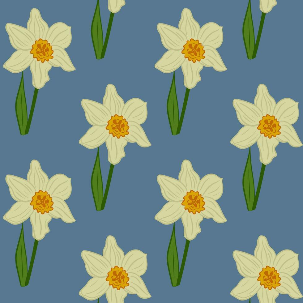 Floral seamless pattern with blooming daffodils. Flat vector flowers on blue background. Ideal for wrapping paper, background, wallpaper, textile, banner, scrapbooking, banner