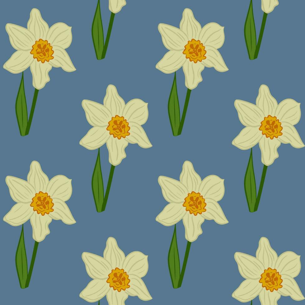 floral sin costura modelo con floreciente narcisos plano vector flores en azul antecedentes. ideal para envase papel, fondo, fondo de pantalla, textil, bandera, álbum de recortes, bandera