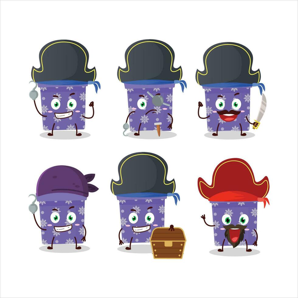 dibujos animados personaje de púrpura Navidad regalo con varios piratas emoticones vector