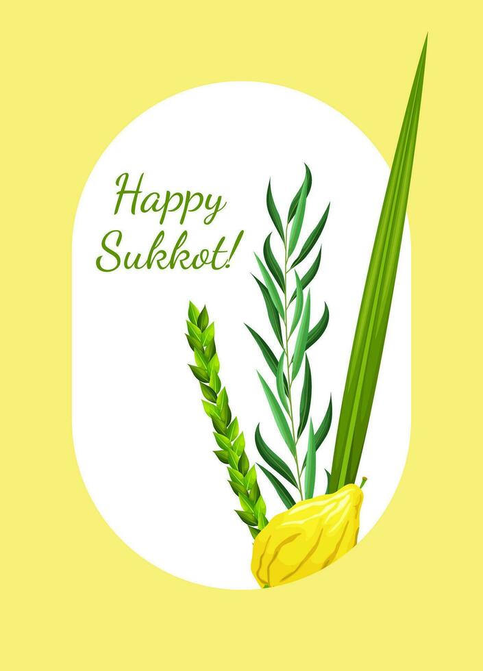 Minimalistic Sukkot greeting card template. Feast of Tabernacles or Festival of Ingathering. Traditional four species symbol for sukkot judaic celebration - etrog, lulav, hadas, arava.Botanical vector