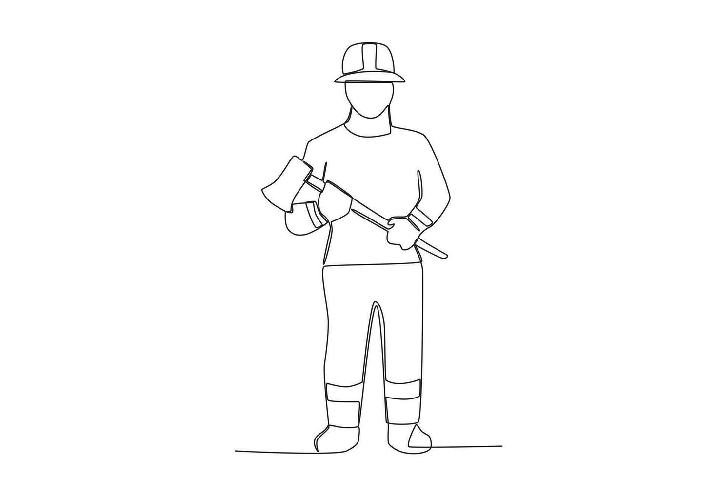 A firefighter holds an axe with both hands vector