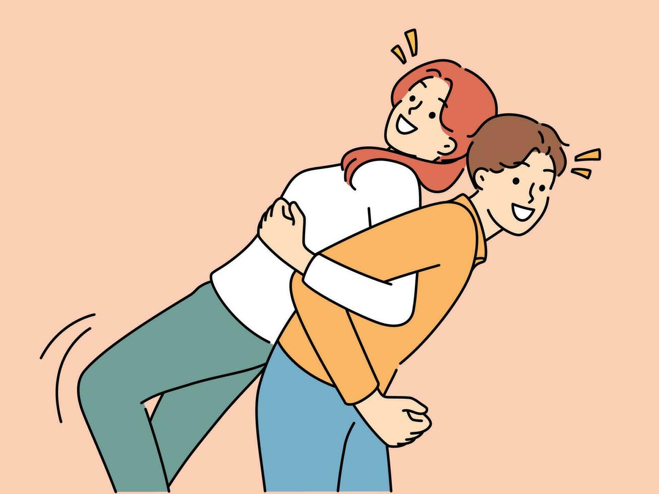 Happy children have fun playing together. Smiling girl and guy engaged in funny childish activity enjoying weekend. Friendship. Vector illustration.