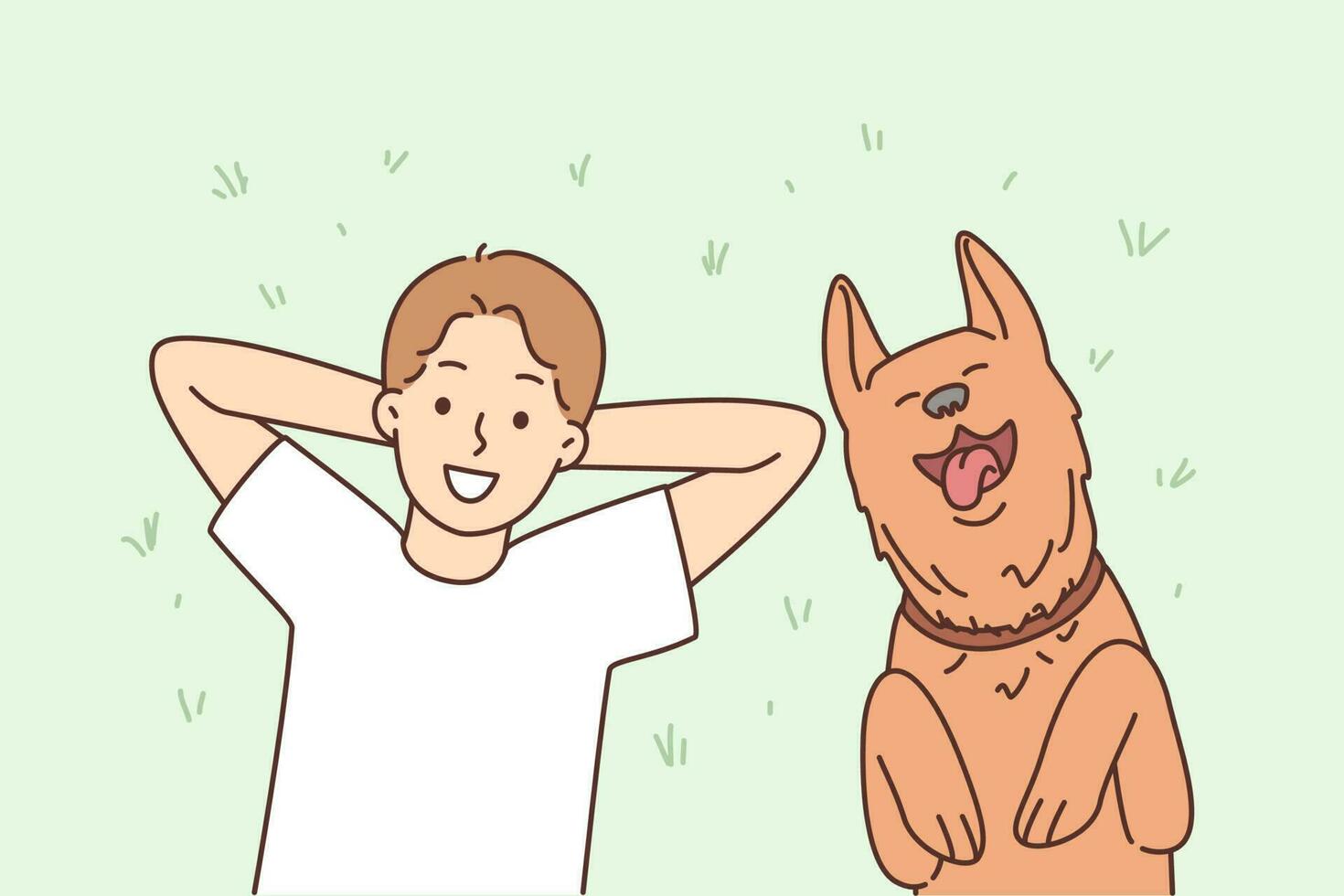 Smiling boy child lying on grass outdoors with cute dog. Happy kid have fun relax in garden with pet. Friendship with animals. Vector illustration.