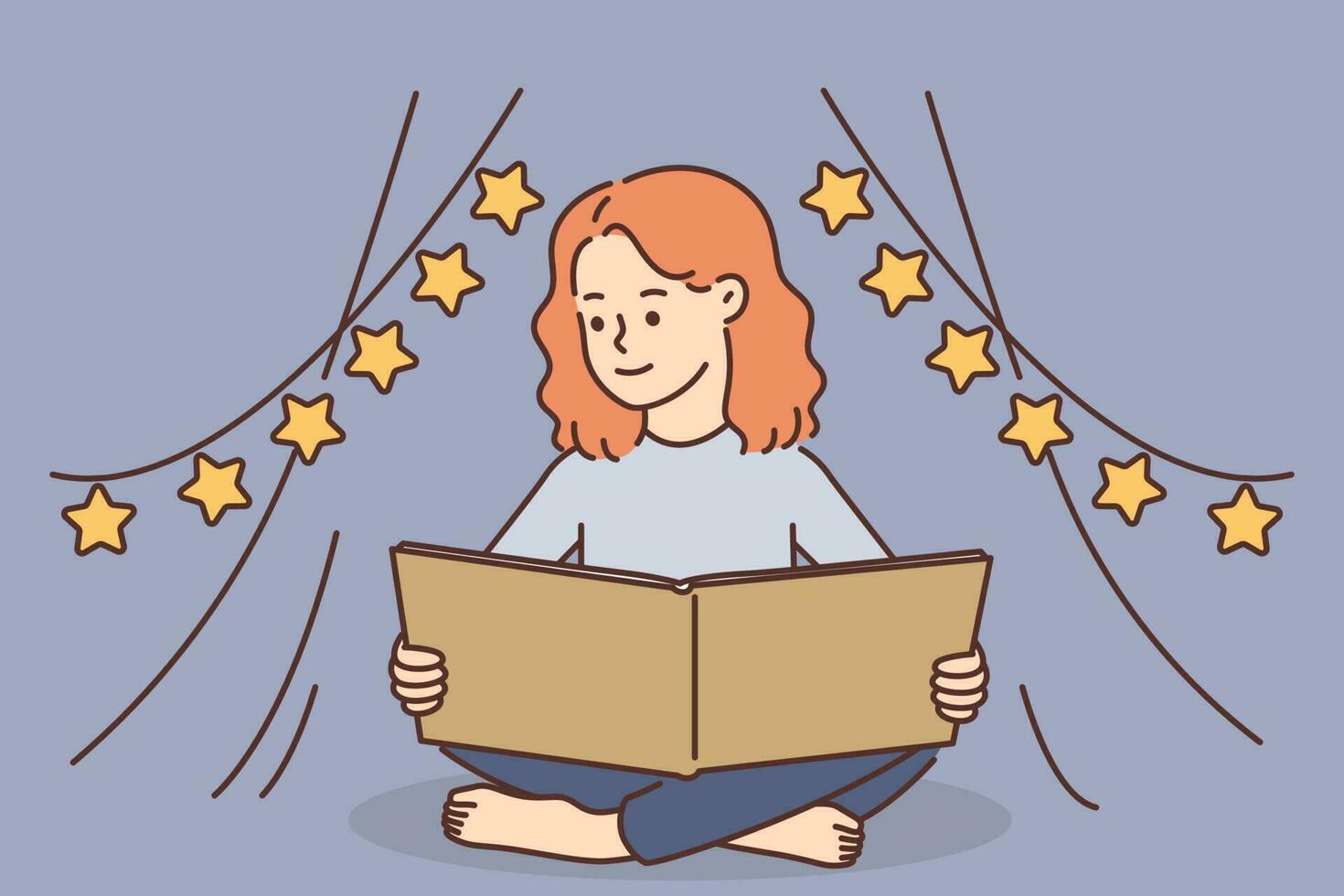 Happy little girl sit in tent indoors reading book. Smiling cute small child enjoy fairytale imagine and visualize. Literature and education. Vector illustration.
