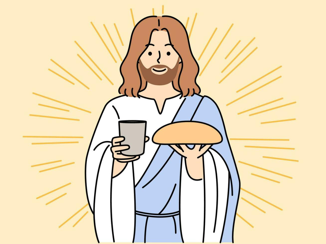 Smiling Jesus Christ holding bread and wine in hands. Happy God in traditional clothes give communion. Religion and culture. Vector illustration.