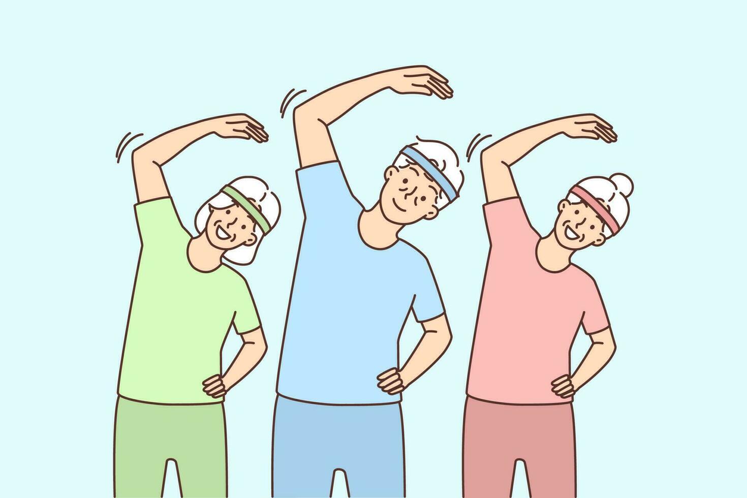 Group of elderly people in sportswear training together. Mature grey-haired men and women do morning gymnastics follow healthy lifestyle. Vector illustration.