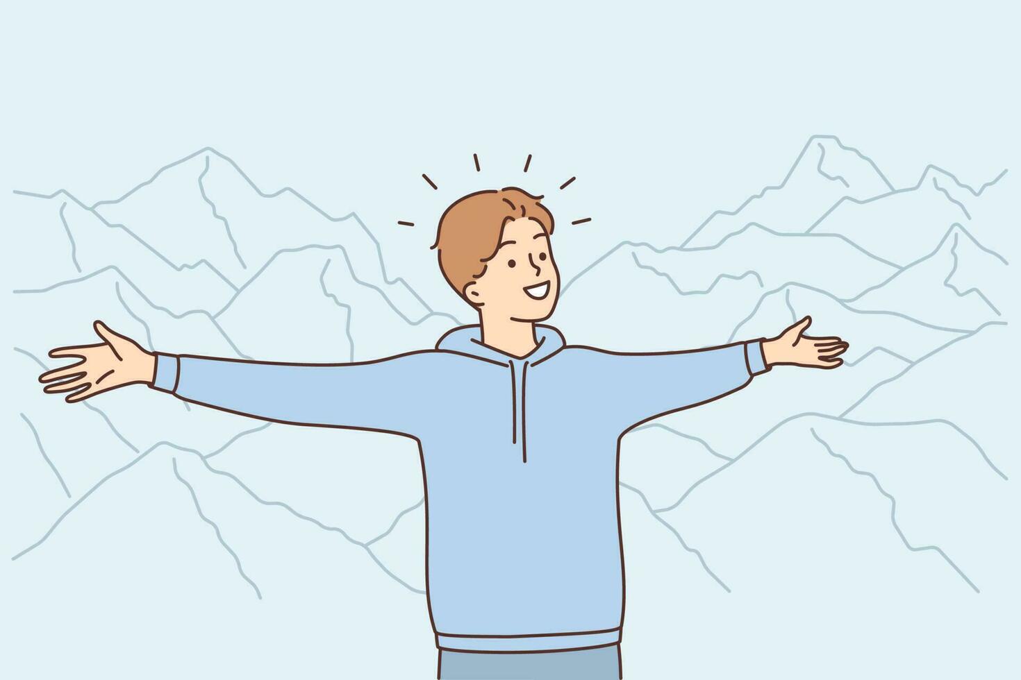 Smiling young man stretch hands hugging mountains excited about nature. Happy guy embrace world satisfied about highland nature. Vector illustration.