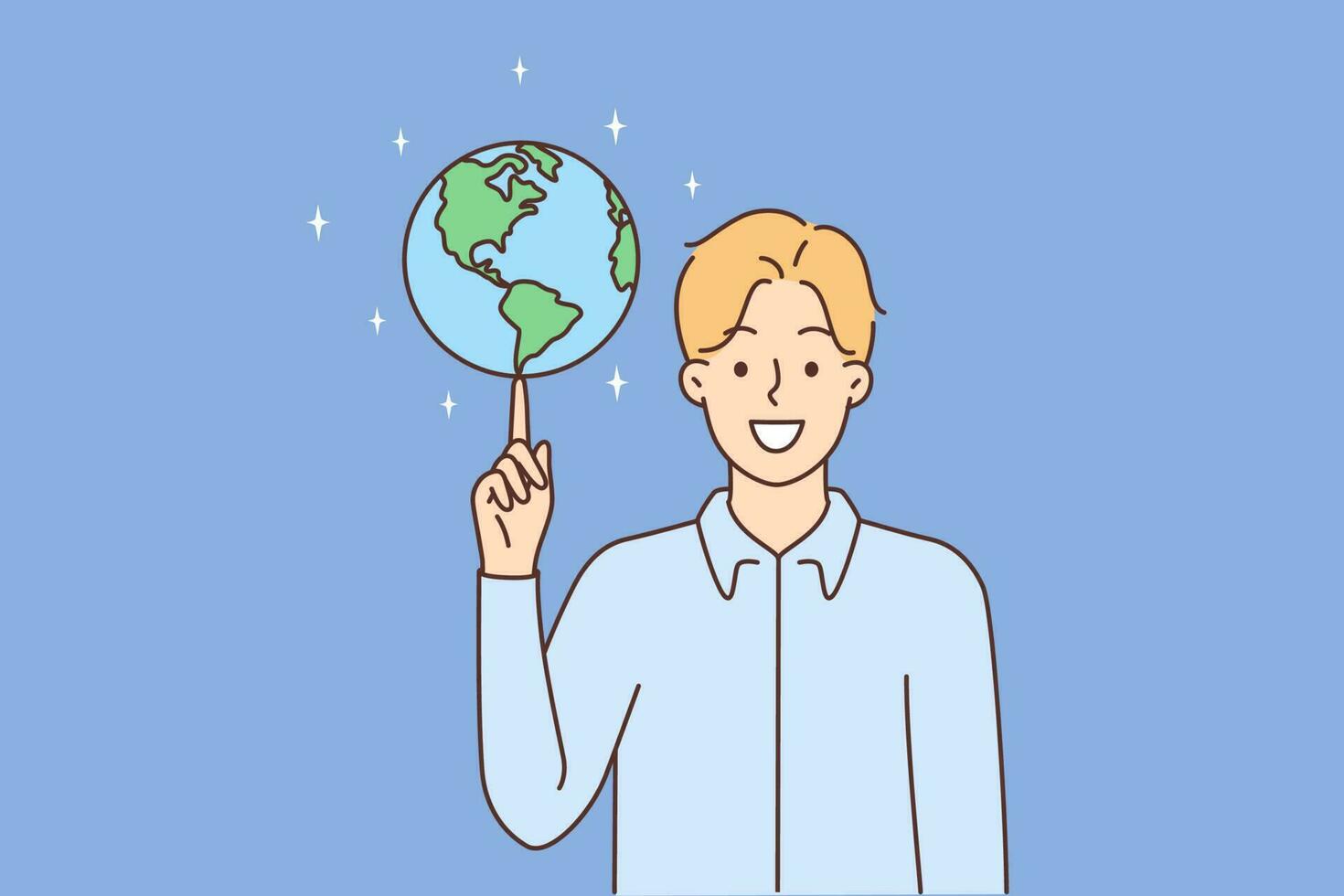 Smiling young man swirling globe on finger. Happy guy spinning earth sphere on hand. Geography teacher with planet. Vector illustration.