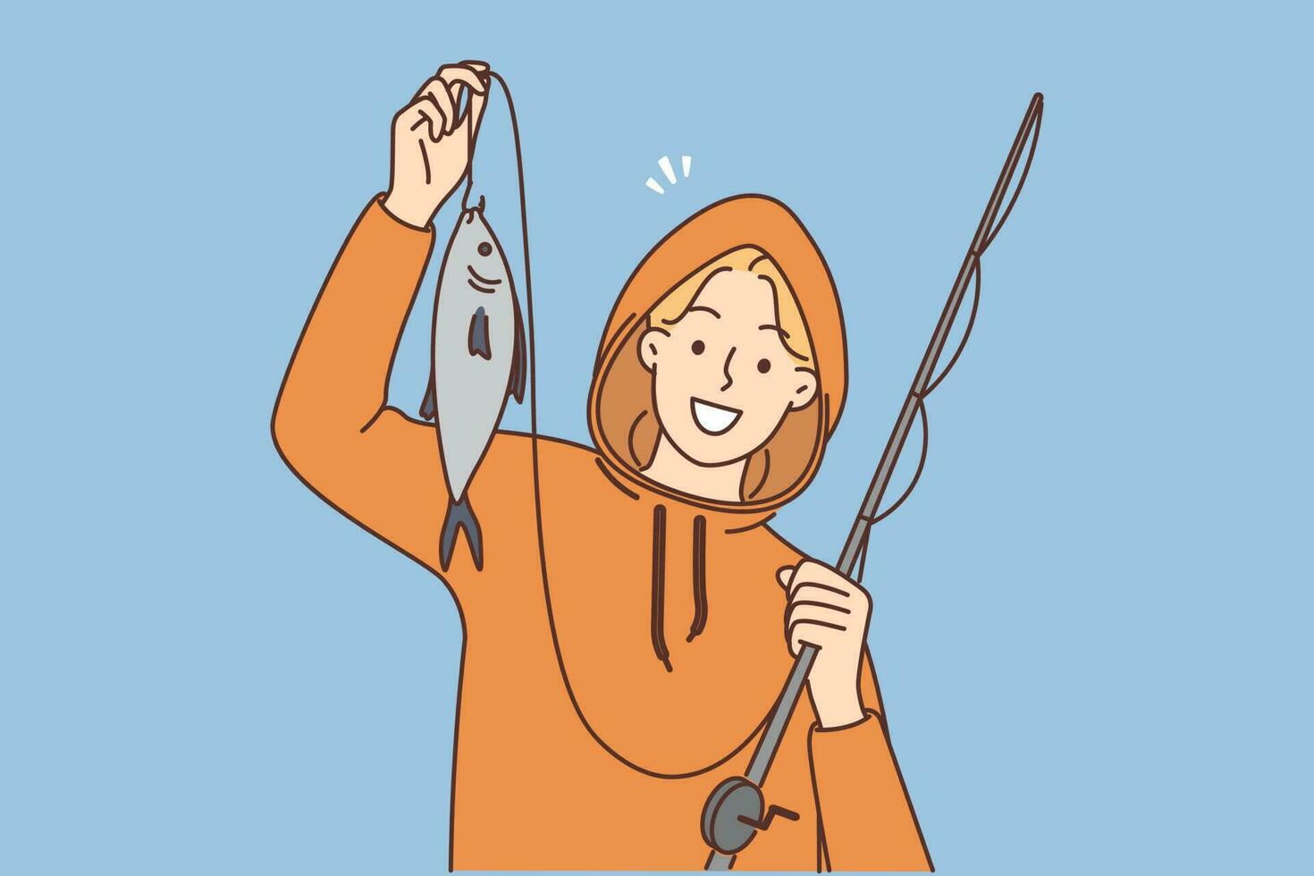 Smiling young man with rod in hands and fish excited with catch. Happy fisherman with carp enjoying hobby. Vector illustration.