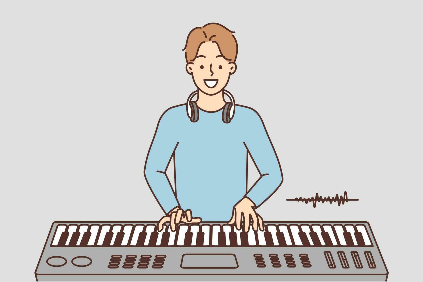 contento joven hombre jugando en sintetizador. sonriente chico en auriculares disfrutar música preformar utilizando musical instrumento. pasatiempo y entretenimiento. vector ilustración.