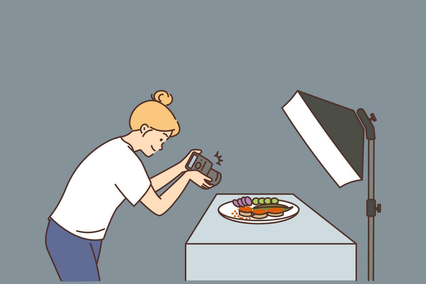Female photographer with camera take pictures of food on plate in studio. Woman SMM manager photograph meal under light. Vector illustration.
