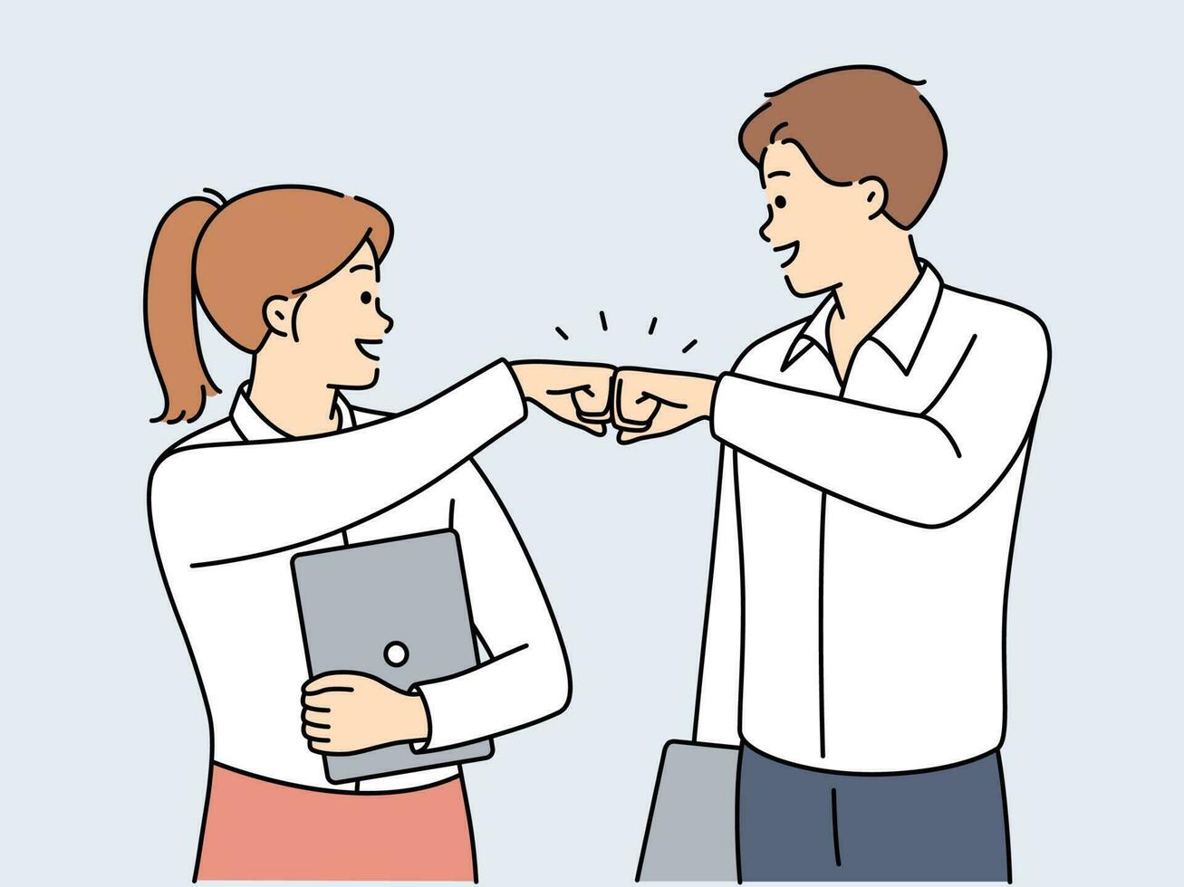 Smiling businesspeople give fists bump celebrate business success or victory together. Smiling colleagues enjoy shared win. Teamwork concept. Vector illustration.