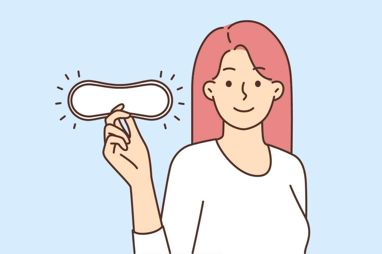 Smiling young woman holding hygienic pad in hands. Happy female recommend beauty product for periods. Menstruation and healthcare. Vector illustration.
