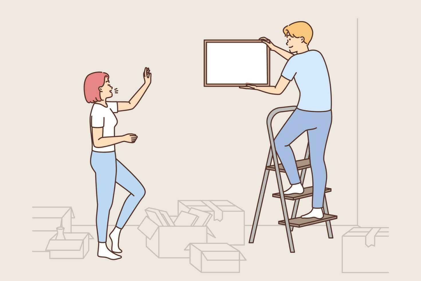 Happy couple hanging pictures on walls decorating house together. Man and woman decorate home with paintings settle in new shared dwelling. Vector illustration.