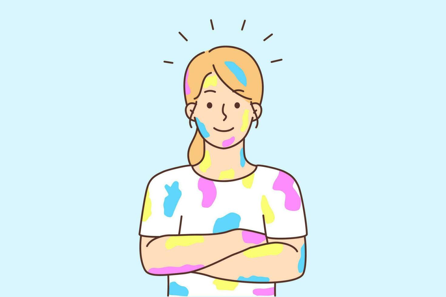 Smiling young woman in color after running festival. Happy girl in colorful stains on body and clothes engaged in funny activity. Vector illustration.