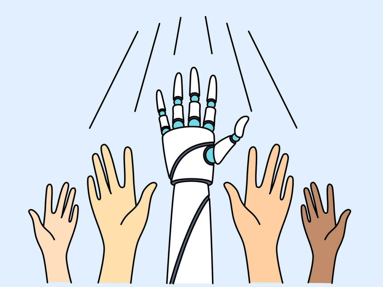 People and robot hands on white background. Robotic assistant displace humans at workplace. Modern technology and AI. Vector illustration.