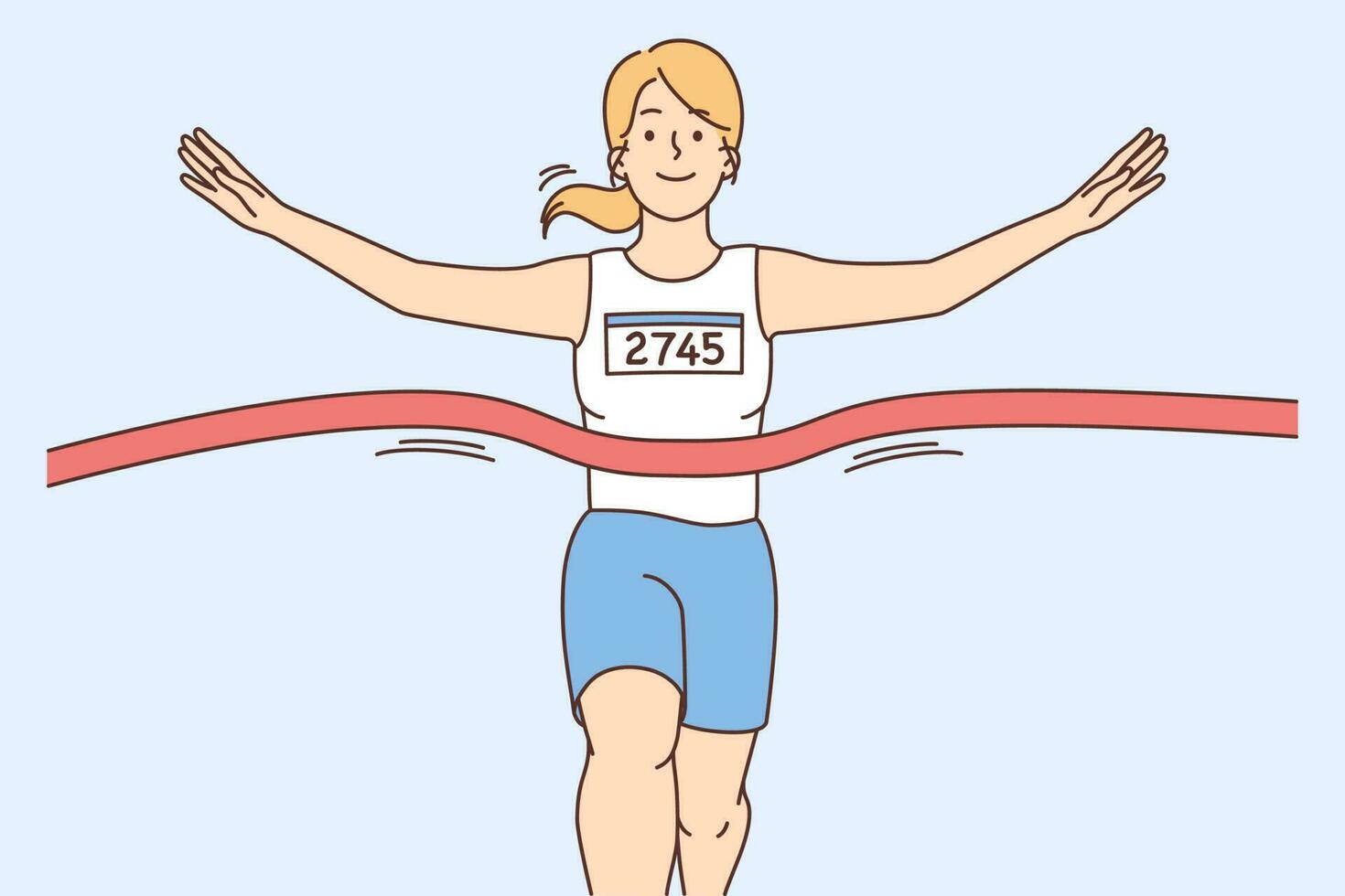 Happy female athlete in uniform cross finish line celebrate success. Smiling woman runner or jogger feel excited win marathon or competition. Vector illustration.